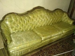 Antique Victorian Button Tuck Sofa Floral Couch From 1920,  Wood Frame Vintage