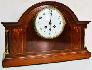 Antique French 8 Day Gong Striking Inlaid Mahogany Arched Top Mantel Clock