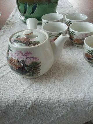 Japanese Tea Set,  Teapot & 5 Cups Side Handle Cherry Blossom,  Gold Trim