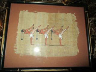Vintage Wood Framed Art Oil Painting Papyrus Egyptian Female Dancers