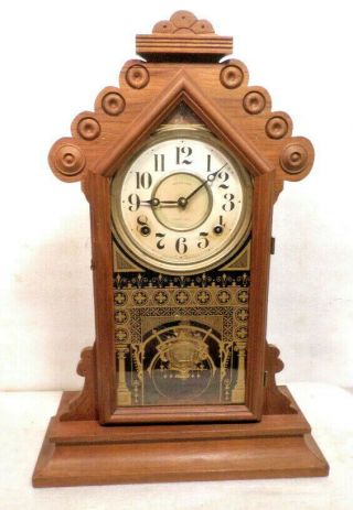 1885 Ingraham 8 Day Striking Walnut Parlor Clock - Carved Case With Rosettes