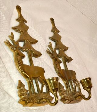 2 Vintage Brass Deer Wall Sconce Candle Holder Ornate Buck Stag Pine Tree Set 9”