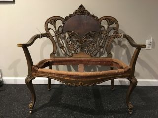 19th Century Walnut European Settee With Flourish Carved Back And No Seat.