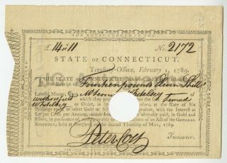 Peter Colt - Connecticut State Treasurer - Autographed 1789 Treasury Note