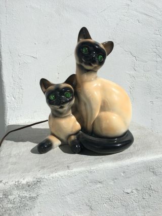 Mid Century Modern Siamese Cats Tv Lamp Green Marble Eyes Calif Usa Made Vtg Mcm
