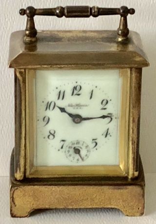 Antique Small Haven Brass Carriage Alarm Clock Enamel Face Not Running