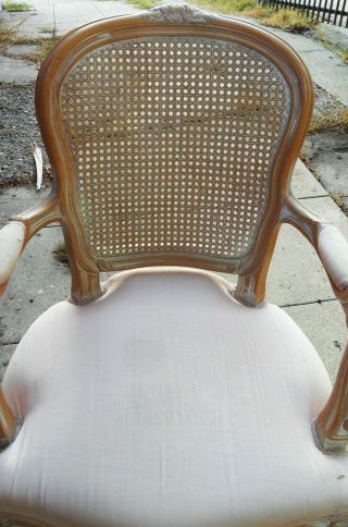French Vintage Upholstered CHAIR ARMCHAIR Wickerwork on Back,  Ceruse Carved Wood 2