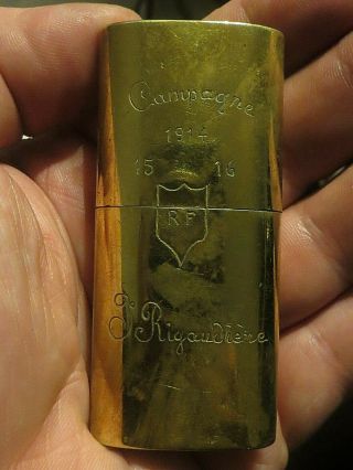 France: Trench Art Lighter Campagne 1914,  15,  16,  Named F.  Rigaudière,  Rf Shield