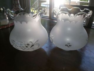 Frosted Glass Lamp Light Shade Cover Ruffled Edge Stems & Grapes Set Of 2