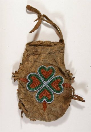 Ca1900 Native American Cree Indian Bead Decorated Hide Pouch / Beaded Hide Bag