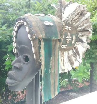 Antique African Dan Feather Headdress Mask Figure Tribal Africa Art Spear Base