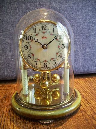 Vintage Koma Brass And Glass Anniversary Clock With Rose Detailed Porcelain Face