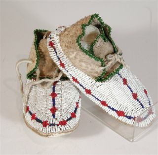 1920s Pair Native American Cheyenne Indian Bead Decorated Hide Moccasins Childs
