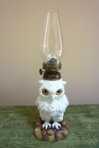 Antique 19th C Porcelain Owl Oil Lamp With Chimney & English Made Burner V.  G.  C