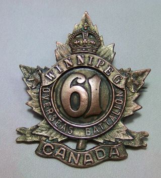 Wwi 61 Battalion Winnipeg Canadian Expeditionary Force Officers Copper Cap Badge