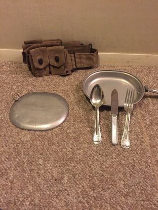 U.  S.  Ww1 Mess Kit And Ww1 Web Belt.  Etched With Lt Dickens Name.