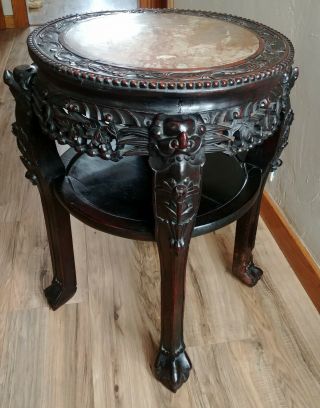 Vintage Chinese Carved Rosewood 2 Tier Marble Foo Dog Table Plant Stand Pedestal