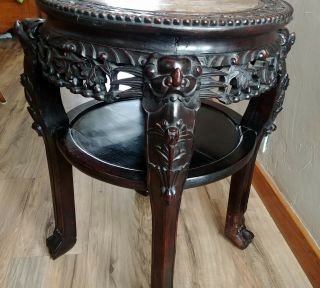 Vintage Chinese Carved Rosewood 2 Tier Marble Foo Dog Table Plant Stand Pedestal 2