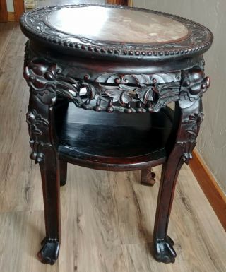 Vintage Chinese Carved Rosewood 2 Tier Marble Foo Dog Table Plant Stand Pedestal 3