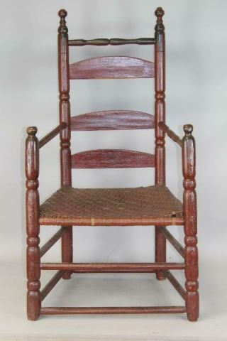 Rare 17th C Pilgrim Ladderback Armchair Rare Carver Top Crest In Old Red Paint