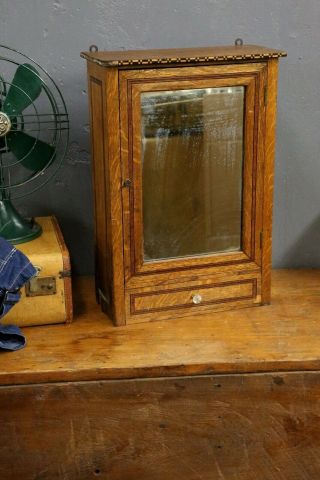 Vintage Antique Wood Barber Shop Cabinet Medicine Apothecary Key And Lock Mirror