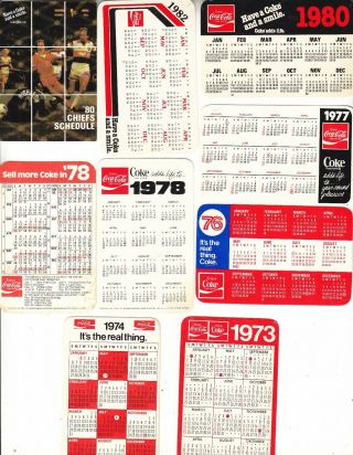 Coca - Cola Pocket Calendars 9 Different,  1973,  74,  76,  77,  78,  78,  80,  80,  82,