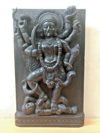Hindu Durga Kali Devi Temple Vintage Wall Wooden Panel Sculpture Statue Art Deco