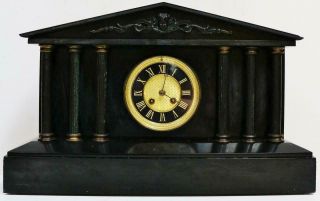 Antique French 8 Day Architectural Slate & Marble Gong Striking Mantel Clock