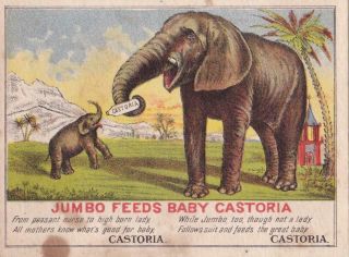 Victorian Trade Card Castoria Patent Medicine Jumbo Feeds Baby Elephant Barnum