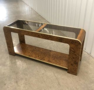 Burlwood,  Brass And Smoked Glass Console