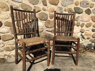 Antique Old Hickory Martinsville Indiana Chairs 7 Spindle Weave Seat Set Of 2