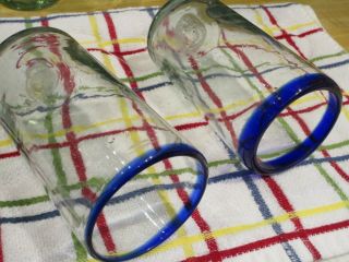 4 Lg 16 Oz Mexican Hand Blown 6 " Tall Water Glasses Tumblers Cobalt Blue Rims