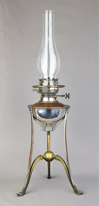 Was Benson Arts & Crafts Copper And Brass Kerosene Duplex Oil Lamp Art Nouveau