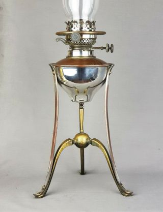 WAS Benson Arts & Crafts Copper and Brass Kerosene Duplex Oil Lamp Art Nouveau 2