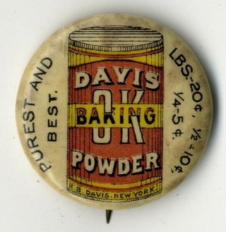 Whitehead & Hoag Davis Baking Powder Advertising; Vintage Pin; Antique 1894