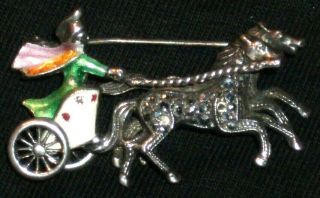 Vintage Brooch Pin Solid Silver Enamel Marcasite Roman Chariot Horses