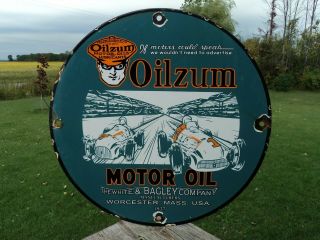 1937 Vintage Oilzum Motor Oil Porcelain Enamel Gas Pump Sign Motor Oil Worcester