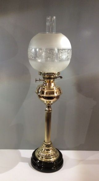 Vintage Victorian Twin Duplex Burner Brass Oil Lamp With Glass Chimney And Shade