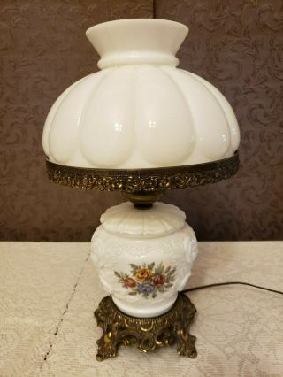 Vintage White Porcelain Glass Hurricane Gone With The Wind Lamp Floral Puffy