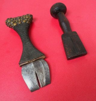 Good Old Antique African Tribal Art Congo Studded Tool Handle & Another In Wood