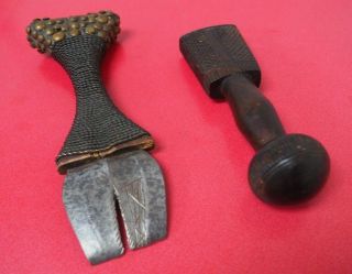 GOOD OLD ANTIQUE AFRICAN TRIBAL ART CONGO STUDDED TOOL HANDLE & ANOTHER IN WOOD 3