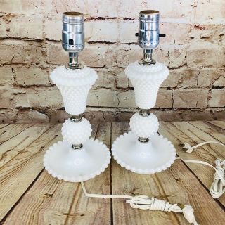 Vintage Lamps Set Of 2 White Milk Glass Boudoir Hobnail Design Euc