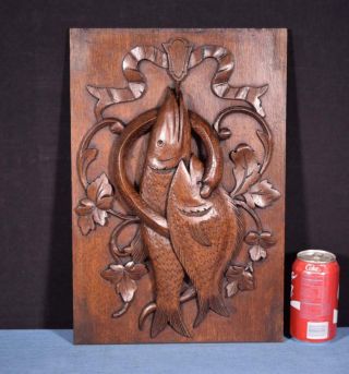 Antique French Hunting Style Carved Panel In Solid Oak Wood W/fish Salvage