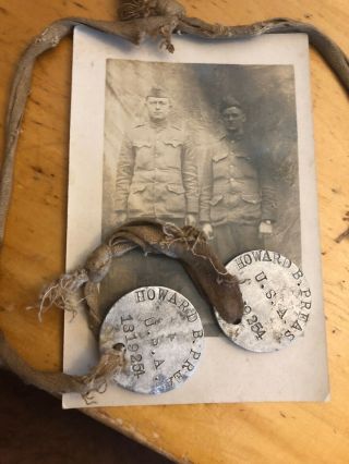 Ww1 Us Army Dog Tags W/ Neck Ribbon And Rppc Photo Postcard Of Soldier