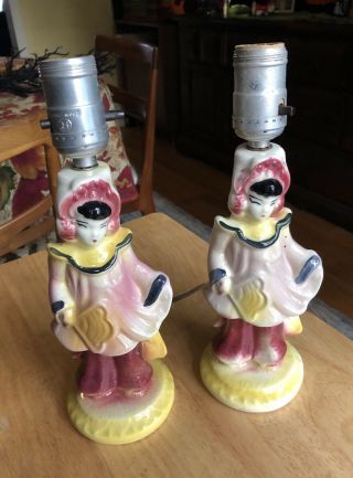 Set Of 2 Vintage Mid Century Asian Lady Girl Ceramic Table Lamp 1950 