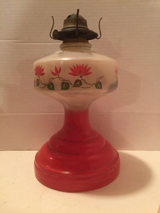 Vintage Hand Painted Milk Glass Oil Lamp/ 10 Inches Tall.