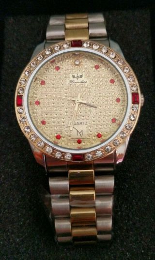 M Resort Casino Watch Las Vegas Quartz With Clear And Red Stones Gold Silver