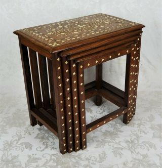 Set Of 4 Antique Ottoman Bone Inlaid Wood Nesting Tables