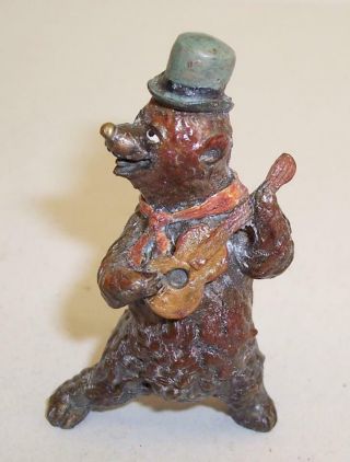 Vintage Cold Painted Bronze Performing Bear Guitar/dancing Bowler Hat Miniature
