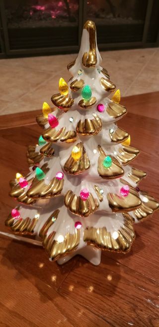 Vintage White Ceramic Christmas Tree 13” Gold Trim W/base And Music Box Stamped